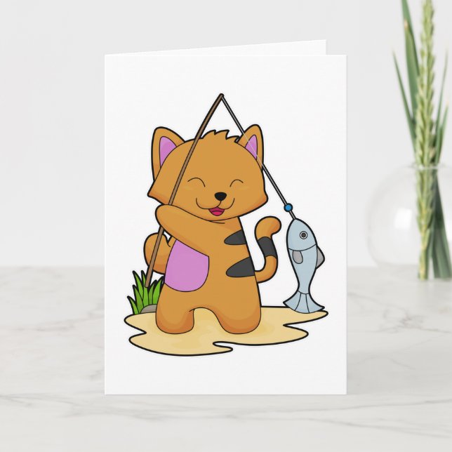 Cat as Fisher with Fishing rod & Fish Card (Front)