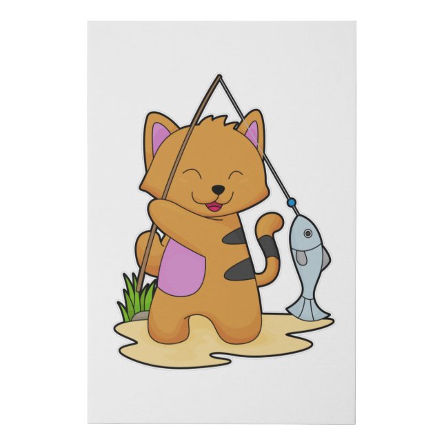 Cat as Fisher with Fishing rod & Fish Faux Canvas Print (Front)