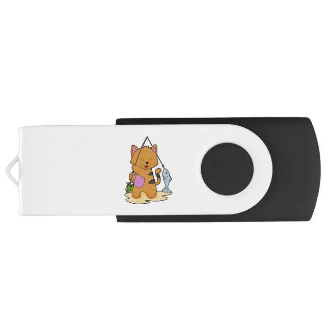 Cat as Fisher with Fishing rod & Fish Flash Drive (Back)