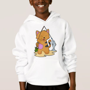 Cat as Fisher with Fishing rod & Fish Hoodie