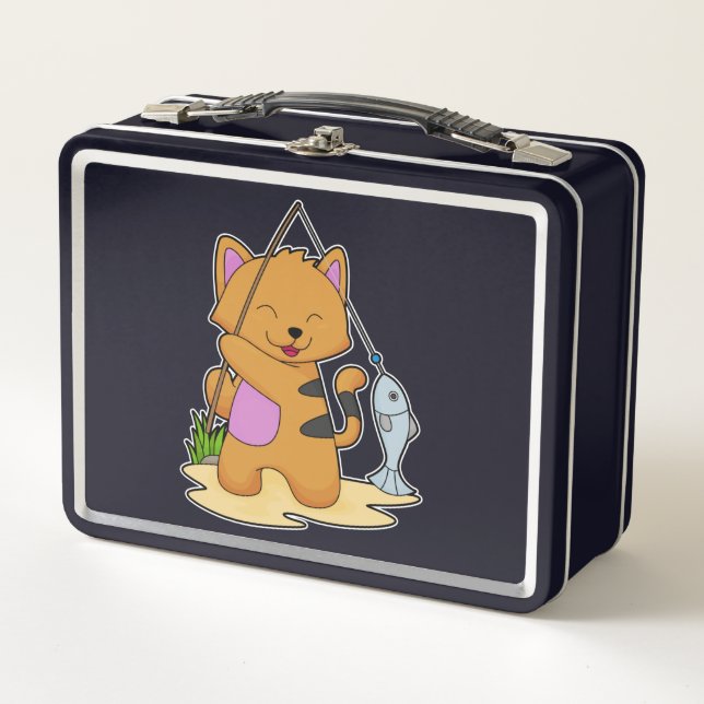 Cat as Fisher with Fishing rod & Fish Metal Lunch Box (Front)