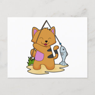 Cat as Fisher with Fishing rod & Fish Postcard