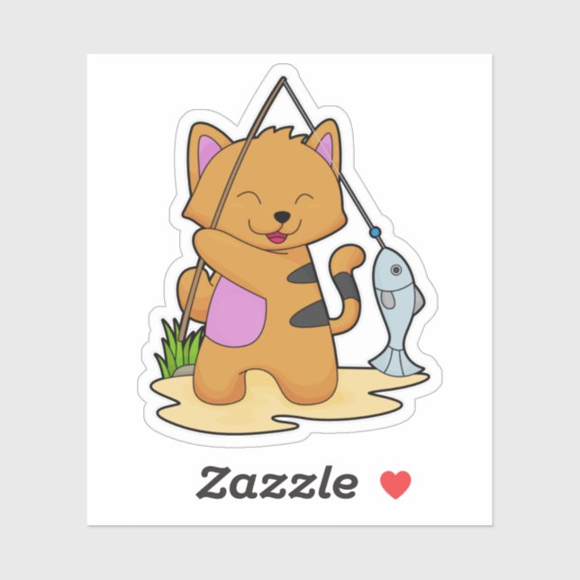 Cat as Fisher with Fishing rod & Fish Sticker (Sheet)