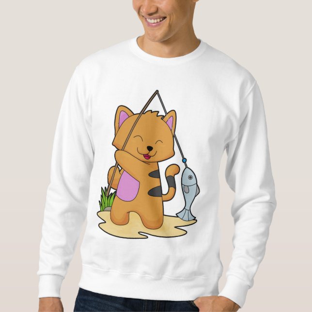 Cat as Fisher with Fishing rod & Fish Sweatshirt (Front)