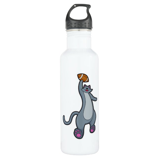 Cat as Football player with Football Stainless Steel Water Bottle (Front)
