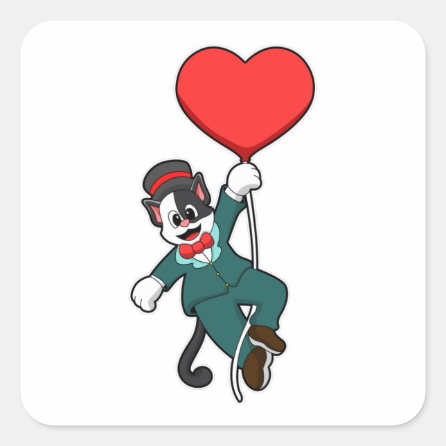 Cat as Groom with Heart Balloon Square Sticker (Front)