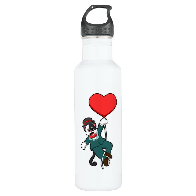 Cat as Groom with Heart Balloon Stainless Steel Water Bottle (Front)