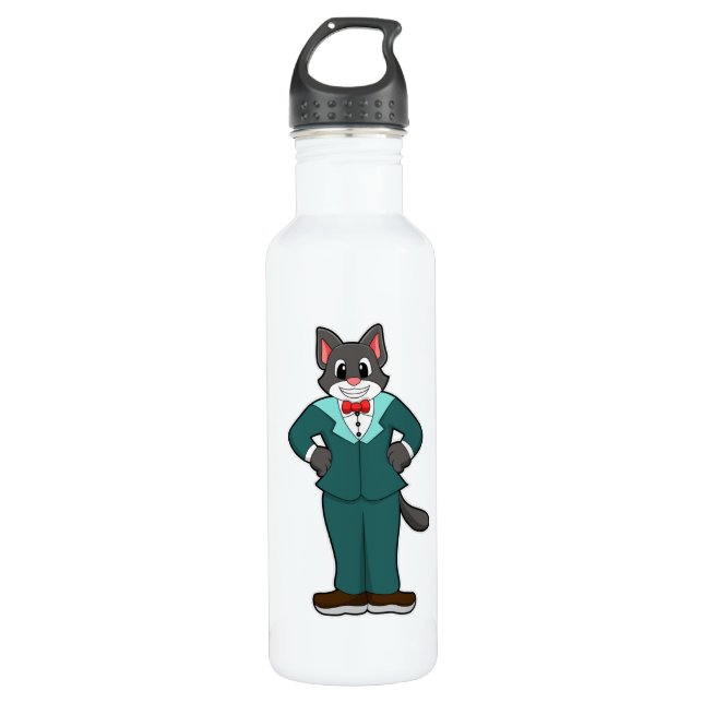 Cat as Groom with Suit & Ribbon Stainless Steel Water Bottle (Front)