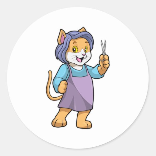 Cat as Hairdresser with Scissors Classic Round Sticker