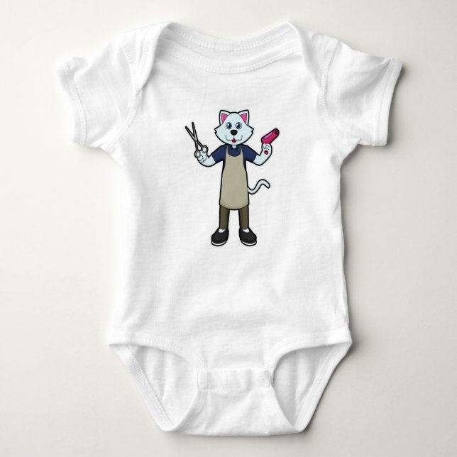 Cat as Hairdresser with Scissors & Hair dryer Baby Bodysuit (Front)