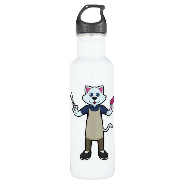 Cat as Hairdresser with Scissors & Hair dryer Stainless Steel Water Bottle (Front)