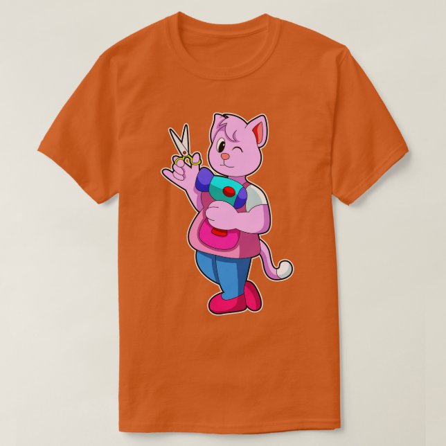 Cat as Hairdresser with Scissors Hair dryer T-Shirt (Design Front)