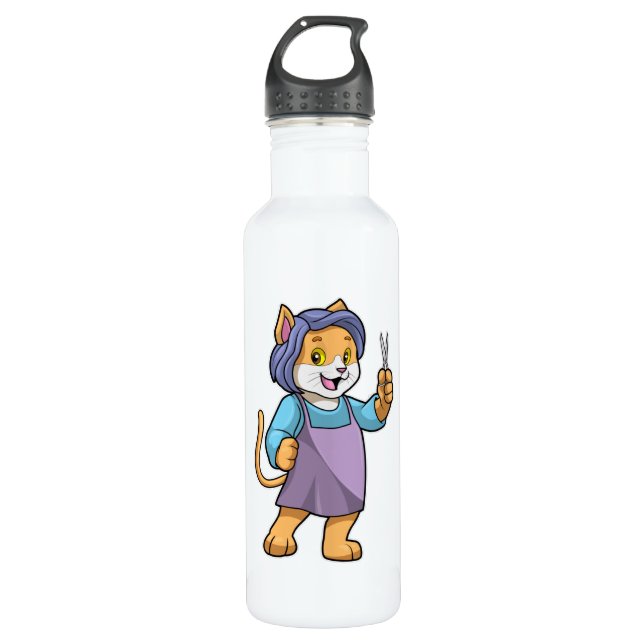 Cat as Hairdresser with Scissors Stainless Steel Water Bottle (Front)