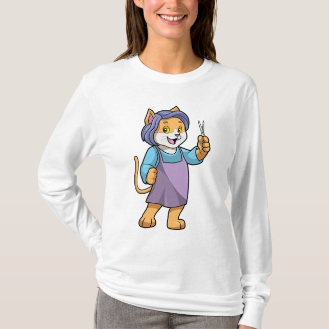 Cat as Hairdresser with Scissors T-Shirt (Front)