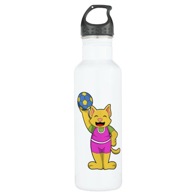 Cat as Handball player with Handball Stainless Steel Water Bottle (Front)