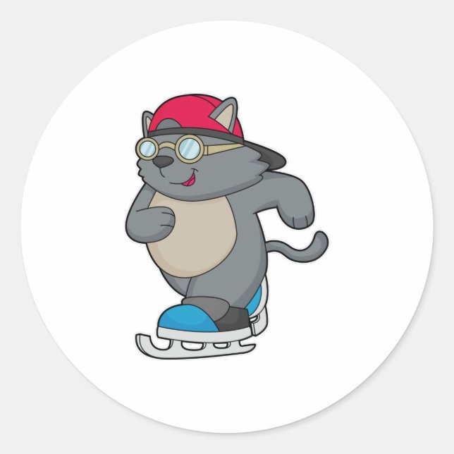 Cat as Ice Skater with Ice skates Classic Round Sticker (Front)