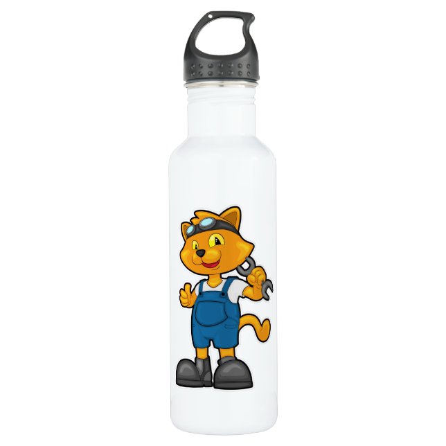 Cat as Mechanic with Spanner Stainless Steel Water Bottle (Front)