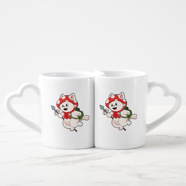 Cat as Mushroom picker with Mushroom Coffee Mug Set (Front Nesting)