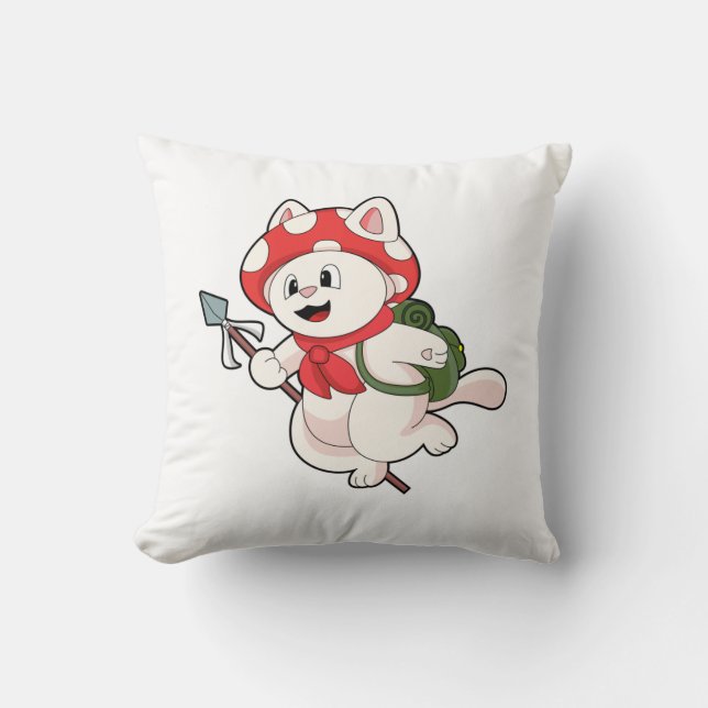 Cat as Mushroom picker with Mushroom Throw Pillow (Front)