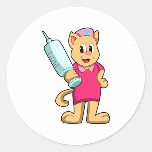 Cat as Nurse with Syringe Classic Round Sticker