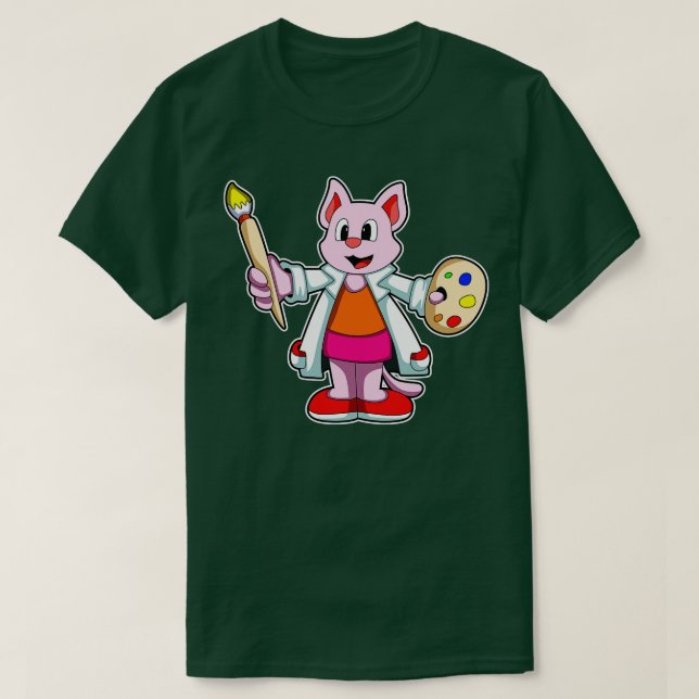Cat as Painter with Brush Paint T-Shirt (Design Front)