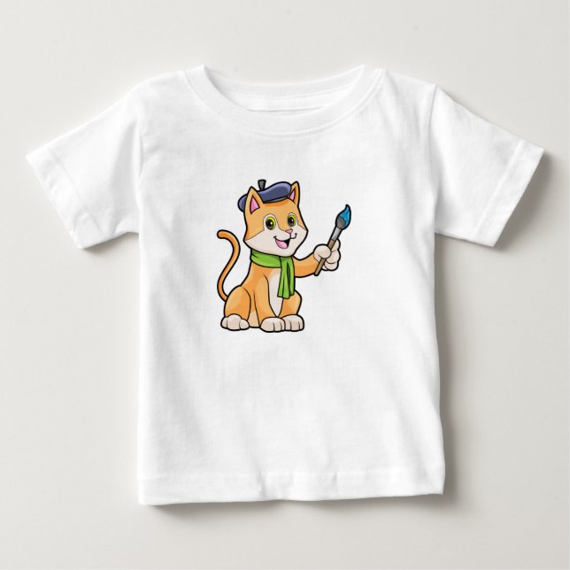 Cat as Painter with Brush & Scarf Baby T-Shirt (Front)