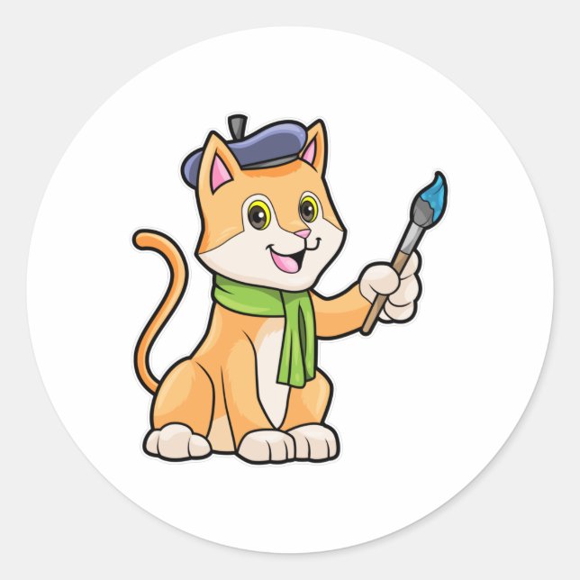 Cat as Painter with Brush & Scarf Classic Round Sticker (Front)