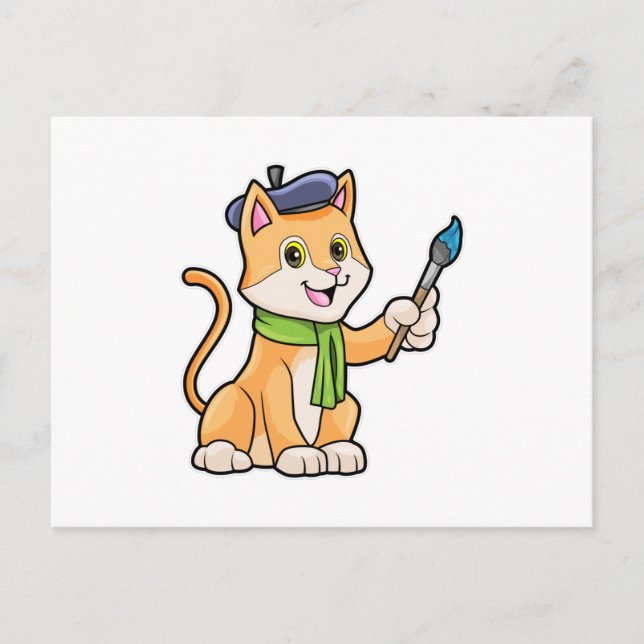Cat as Painter with Brush & Scarf Postcard (Front)