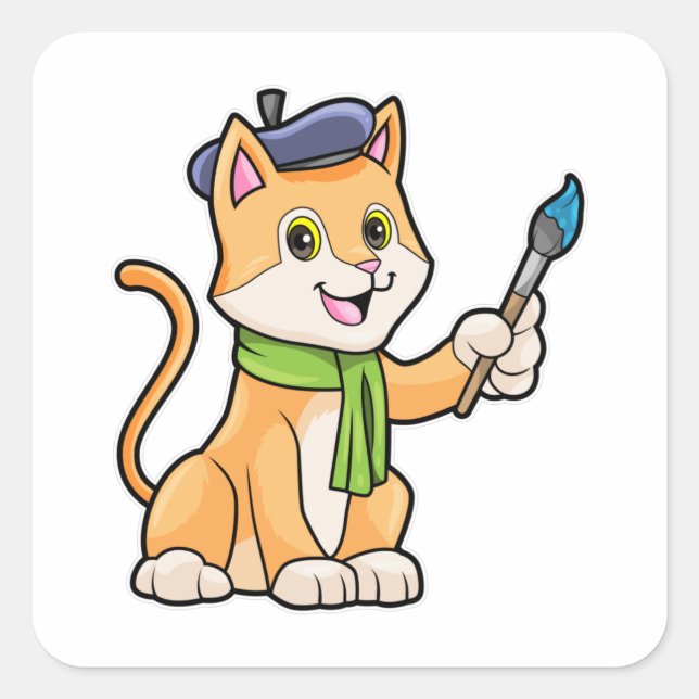 Cat as Painter with Brush & Scarf Square Sticker (Front)