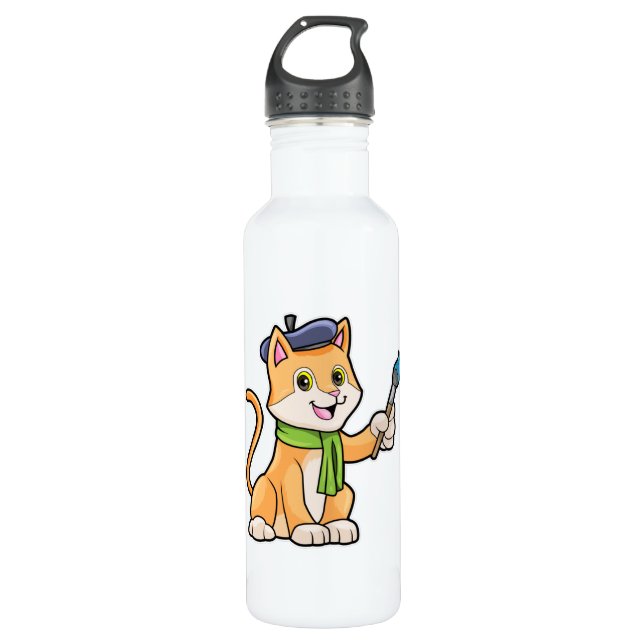 Cat as Painter with Brush & Scarf Stainless Steel Water Bottle (Front)