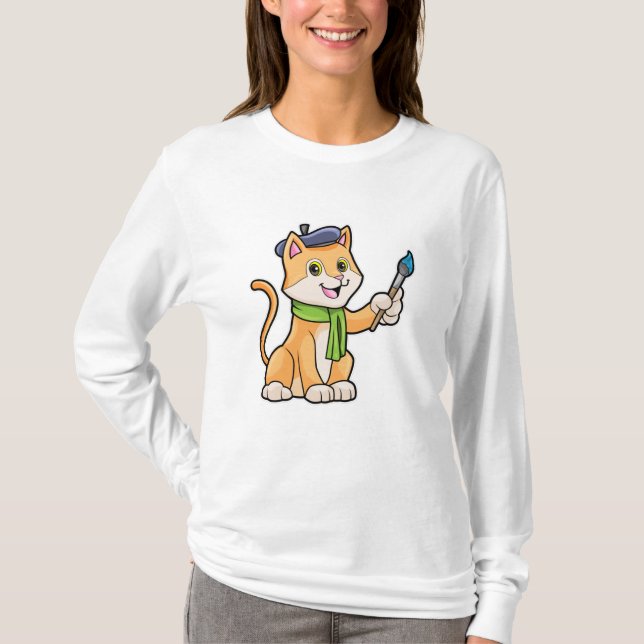 Cat as Painter with Brush & Scarf T-Shirt (Front)