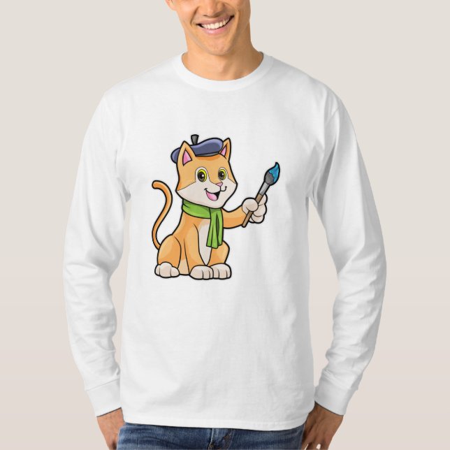 Cat as Painter with Brush & Scarf T-Shirt (Front)