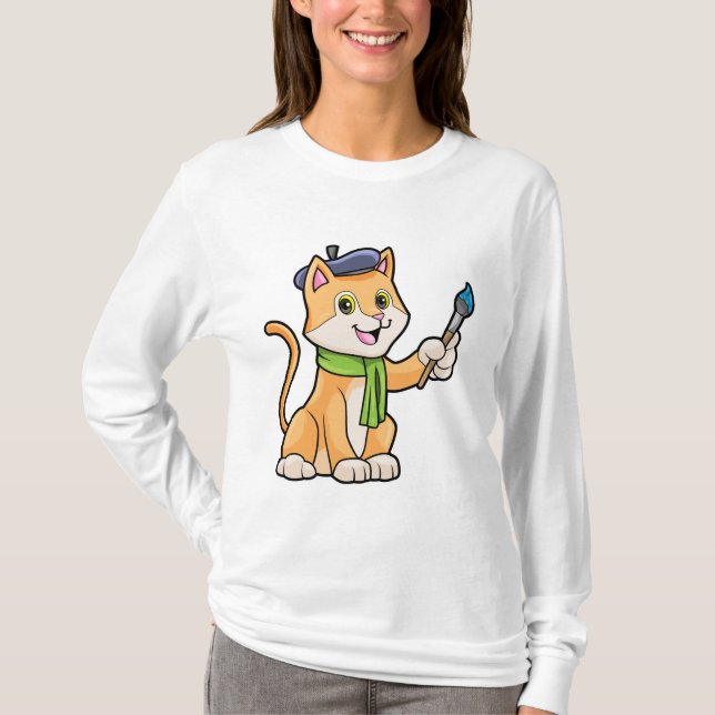 Cat as Painter with Brush & Scarf T-Shirt (Front)