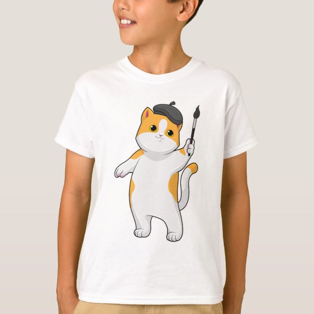 Cat as Painter with Paint brush T-Shirt (Front)
