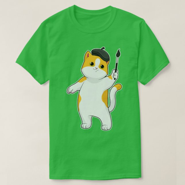Cat as Painter with Paint brush T-Shirt (Design Front)