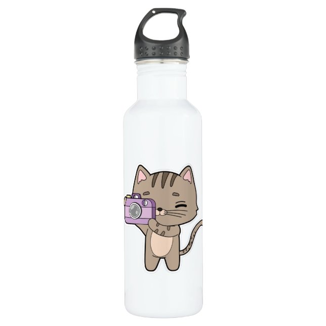 Cat as Photographer with Camera Stainless Steel Water Bottle (Front)
