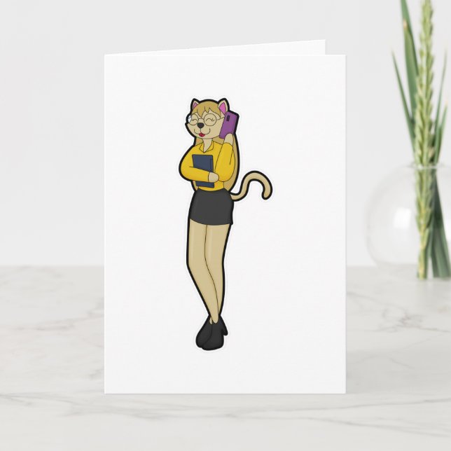 Cat as Secretary with Laptop & Mobile phone Card (Front)
