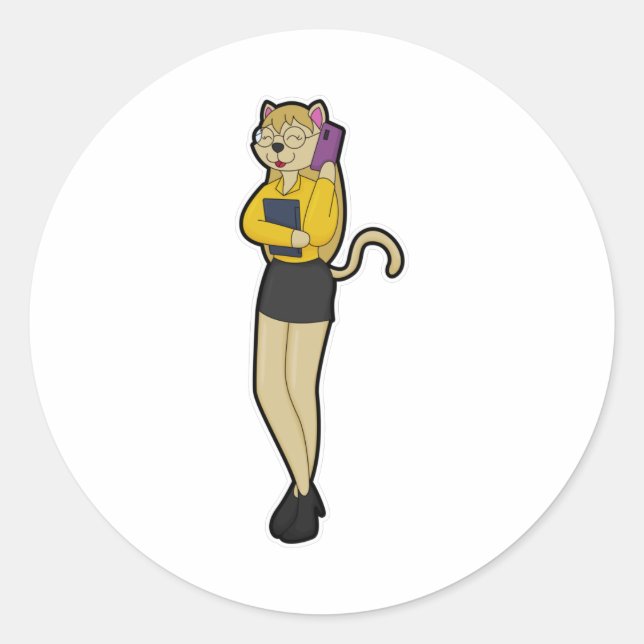 Cat as Secretary with Laptop & Mobile phone Classic Round Sticker (Front)