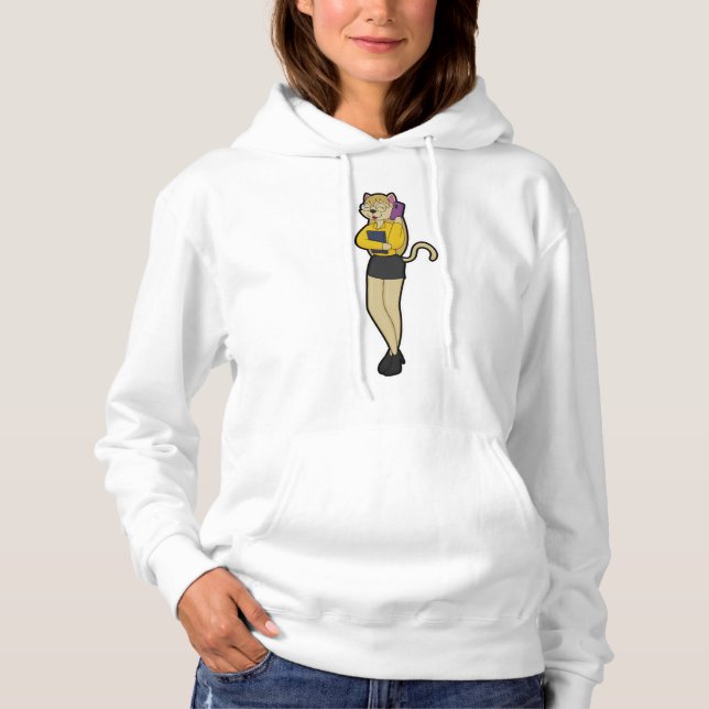 Cat as Secretary with Laptop & Mobile phone Hoodie (Front)