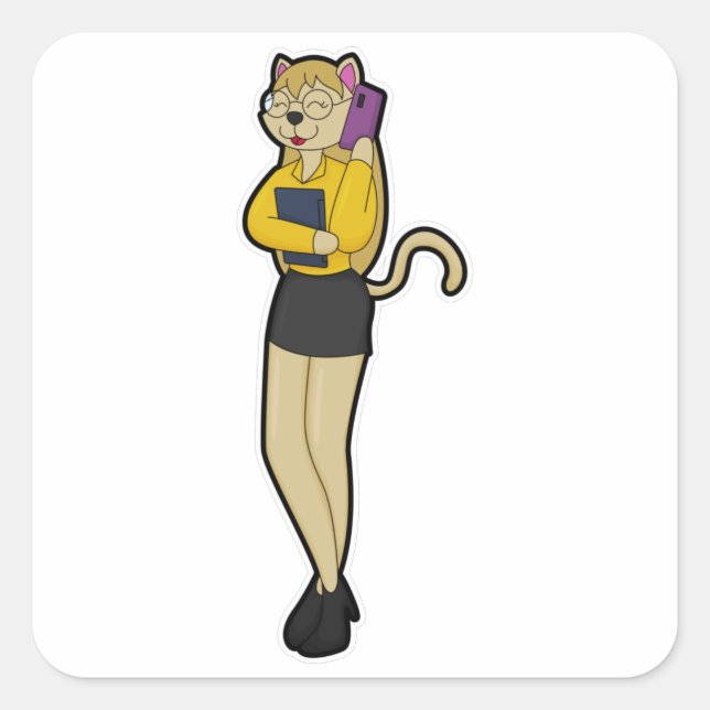 Cat as Secretary with Laptop & Mobile phone Square Sticker (Front)