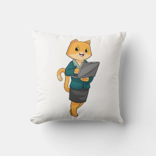 Cat as Secretary with Laptop Throw Pillow