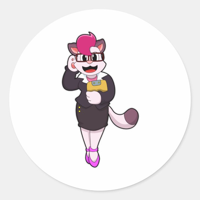 Cat as Secretary with Notepad Classic Round Sticker (Front)