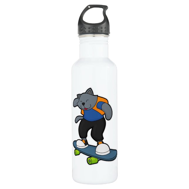 Cat as Skateboarder with Skateboard Stainless Steel Water Bottle (Front)
