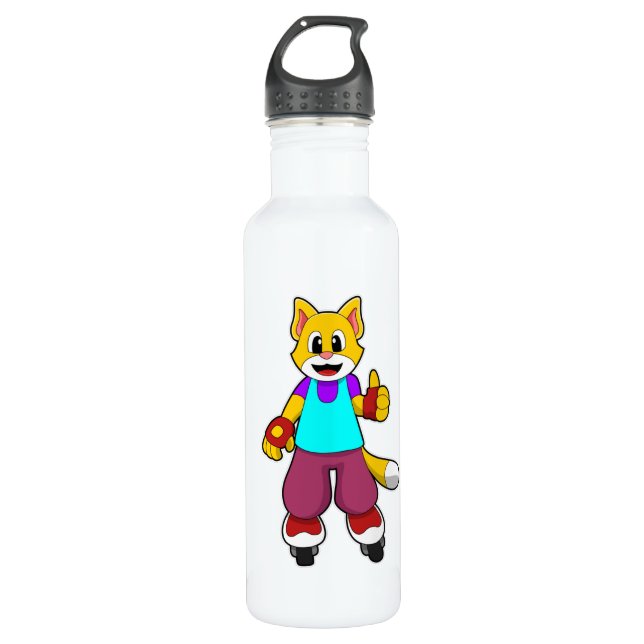 Cat as Skater with Inline skates Stainless Steel Water Bottle (Front)