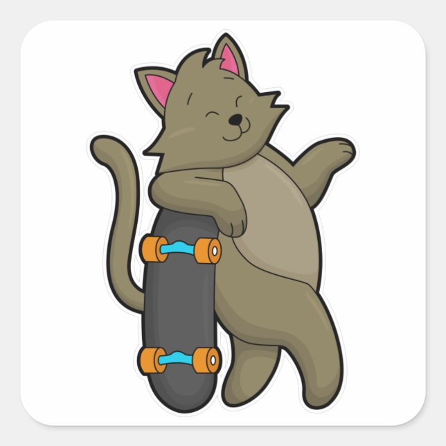 Cat as Skater with Skateboard Square Sticker (Front)