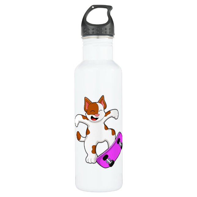 Cat as Skater with Skateboard Stainless Steel Water Bottle (Front)