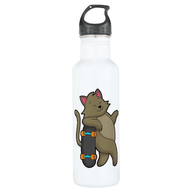 Cat as Skater with Skateboard Stainless Steel Water Bottle (Front)