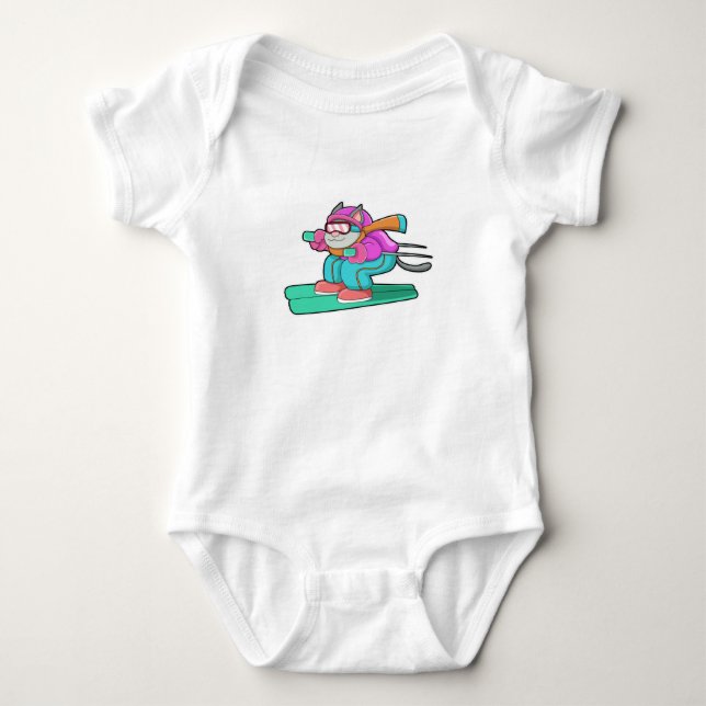 Cat as Ski jumper with Ski & Ski goggles Baby Bodysuit (Front)