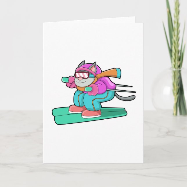 Cat as Ski jumper with Ski & Ski goggles Card (Front)