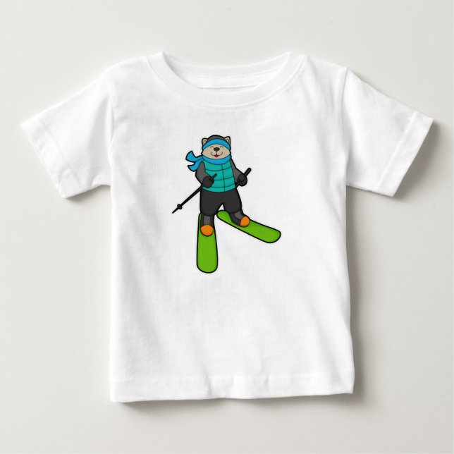 Cat as Skier with Ski Baby T-Shirt (Front)
